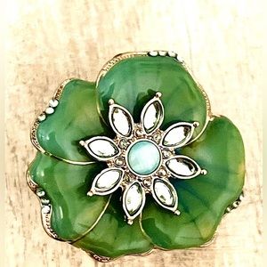 VTG Kenneth Jay Lane KJL Signed 2” Green Enamel Flower Statement Ring UV Glow
